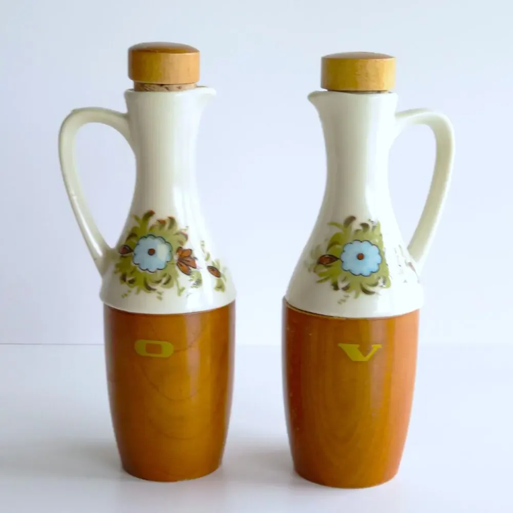 Vintage 6 Pc Salad Set Japan Wood Ceramic Kresge Oil Vinegar Salt Pepper MCM